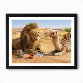 Lion and Camel Desert Card Game Art Print