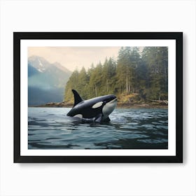 Realistic Forest Scene & Orca Whale Swimming In Sea Art Print