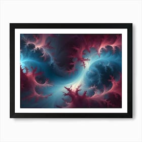 Abstract Fractal Art Resembling Coral Or Underwater Plants, With Flowing Shapes In Shades Of Blue, Teal, And Pink Against A Dark Background Art Print