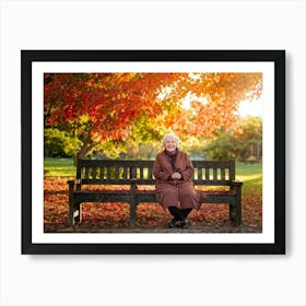 Elderly Woman Radiating Joy Seated On A Rustic Wooden Bench In A Lush Park Surrounded By A Kaleido Art Print