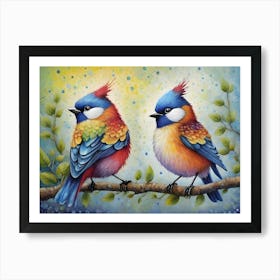 Vintage Watercolor Birds On A Branch Art Print