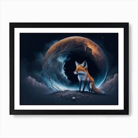 Cute Fox On The Moon Watercolor (2) Art Print