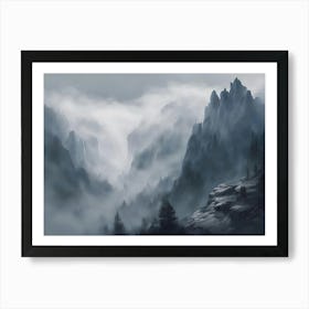 Realistic Rocky Mountain Range, Dense Fog, Gray And Blue Tones, Waterfall, Side Perspective Art Print