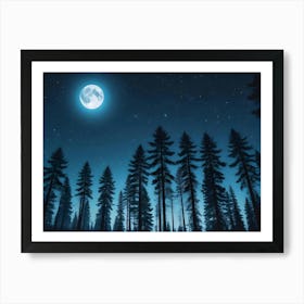 A Photograph Of A Forest At Night, Silhouetted Against A Dark Blue Sky With A Full Moon And Stars Art Print