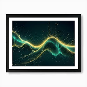 An Abstract Background Image Of Vibrant, Glowing, Swirling Lines With A Glowing, Gold Shimmer, Creating A Dynamic And Energy Filled Effect On A Dark Green Background Art Print