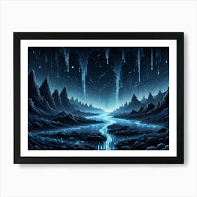 A Dark, Mountainous Landscape Illuminated By Glowing Blue Lights Cascading From A Cloudy Sky, Creating A Mystical And Surreal Atmosphere Art Print