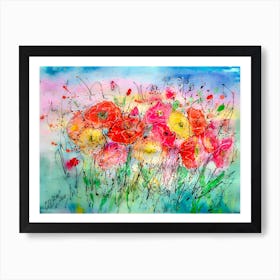 Floral Splendor Poppies in a Summer Breeze Watercolor Art Print