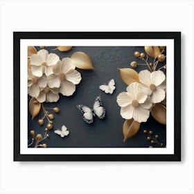 Luxurious Background With Flowers, Leaves And Butterflies 5 Art Print