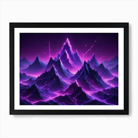 A Striking Abstract Landscape With Purple Neon Light Tracing Along A Jagged Mountain Range With A Dark Sky And Lighting Bolts Art Print