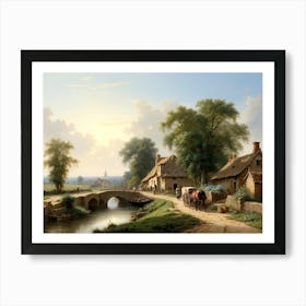 A Village Scene With A Bridge Art Print