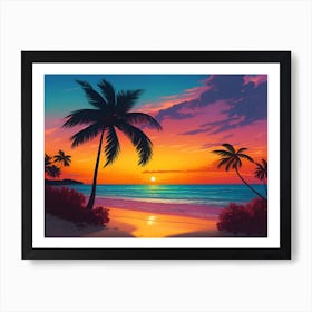 A Tranquil Beach At Sunset Horizontal Illustration 50 Art Print