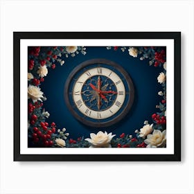 Vintage Clock With Roman Numerals Surrounded By A Wreath Of White Flowers And Red Berries On A Blue Background Art Print