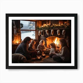 Woolly Sheep Family Gathered Around A Yuletide Hearth Warm Glows From The Fireplace Casting Soft Sh Art Print