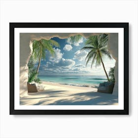 3d Tropical Beach With Palm Trees 1 Art Print