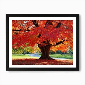 An Autumn Oak Tree Abundantly Lit Branches Spreading Widely Spanning A Slim Sleek Card Leaves Bla (6) Art Print