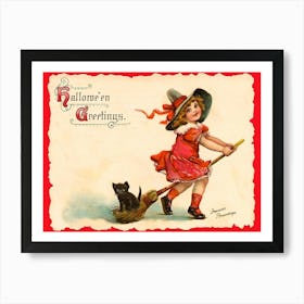 Little Girl With A Broom And A Black Cat Behind Art Print