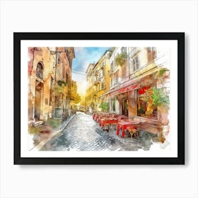 Watercolor Vintage Style Street In Rome With Red Tables Art Print