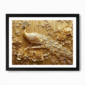 Golden 3d Peacock Floral Wooden Art Print