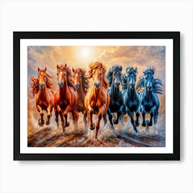 An Exquisite Oil Painting Capturing Seven Horses Galloping Art Print