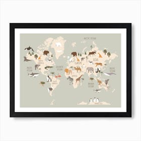 Modern World Map With Animals In Green Art Print
