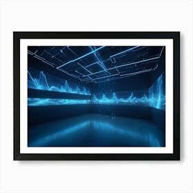 Abstract Digital Image Of A Room With A Futuristic, Blue Light Display And A Grid Like Ceiling, Creating A Sense Of Technology And Mystery Art Print