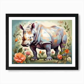 Vintage Rhino Floral Watercolor Painting Art Print