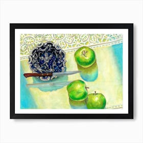 Still Life Oil Painting Of Green Apples, Plate And Knife Colorful Kitchen Objects and Fruits Art Print