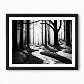Black And White Forest Path, black and white art, forest landscape Art Print