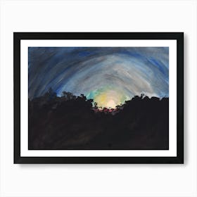 Sun Behind The Trees - watercolor impressionism nature sky sunset hand painted dark black blue Art Print