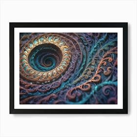 Abstract 3d Fractal With Swirling, Intricate Details In Brown, Blue, And Gold Hues Art Print