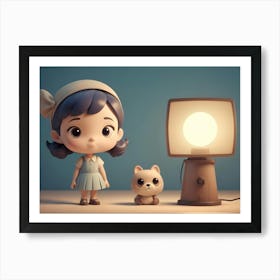 3d Cartoon Illustration Of A Little Girl With A Cat Standing Next To A Vintage Lamp On A Table Art Print