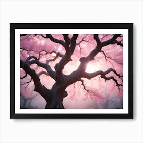 A Majestic Tree With A Thick, Gnarled Trunk And Delicate Pink Blossoms Stands Tall In A Misty Forest, Bathed In Soft, Ethereal Light, Evoking A Sense Of Tranquility And Enchantment Art Print