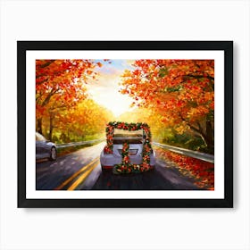 Autumnal Landscape Autumnal Leaves Cascading Down As A Car Adorned With Holiday Wreaths And Ribbon (1) 2 Art Print