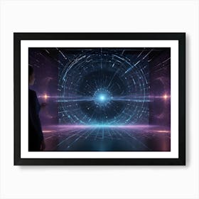 A Businesswoman Stands In A Dark Room, Interacting With A Holographic Projection Of A Glowing Blue And Purple Vortex, Showcasing Futuristic Technology And Data Visualization Art Print