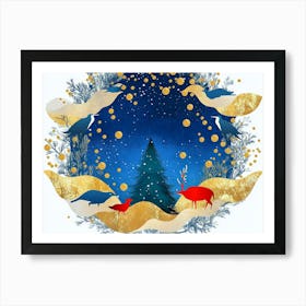 Dark Blue Art from The Contemporary Era Christmas Tree, Mountain, Deer, Birds, And Waves Art Print