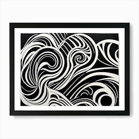 Retro Inspired Linocut Abstract Shapes Black And White Colors art, 186 Art Print