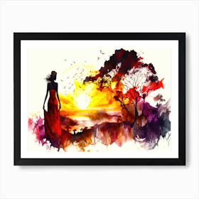 Stunning Sunset - Woman In Red Dress At Sunset Art Print