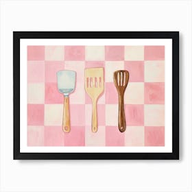 Kitchen Utensils Pink Checkerboard Art Print