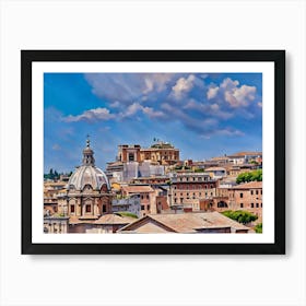 Rooftops and Domes in Rome. This image depicts a picturesque view of a historic cityscape, characterized by its terracotta rooftops and prominent domed structures. The two large domes, likely belonging to significant religious or historical buildings, stand out against a clear blue sky. The foreground is filled with a variety of buildings, showcasing a mix of architectural styles and colors, while lush green trees add a touch of nature to the urban scene. 3 Art Print