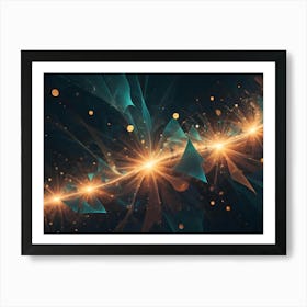 Abstract Fractal Design With Glowing Orange Stars And Teal Colored Geometric Shapes Against A Dark Background, Creating A Sense Of Cosmic Energy And Movement Art Print