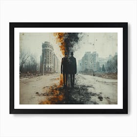 Temporal Resonances: A Conceptual Art Collection. Two Men Standing In A City Art Print