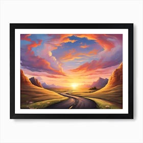 A Country Road Trough A Mountain Region With Some Green And Sun Dawn Wich Is Reflected By The Clouds - Vivid Color Painting Art Print