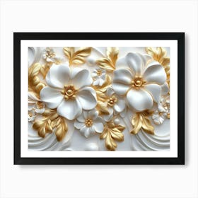 3d Floral Seamless Gold and White Ceramic Marble Texture Art Print