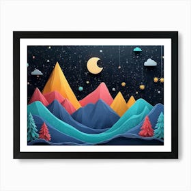 3d Modern Artwork Night Landscape, Colorful Mountains, Trees, Dark Black Background with Stars and Moon Art Print