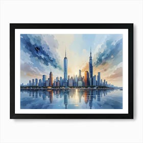 Watercolor Painting Of Cityscape With Skycrapers, Buildings, Sea, And Water Reflection of The SKy Hues Art Print