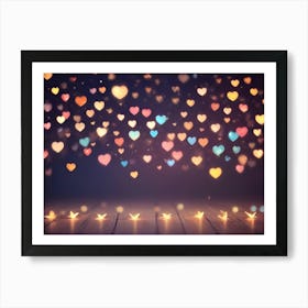 A Wooden Floor With A Bokeh Background Of Colorful Heart Shapes Art Print