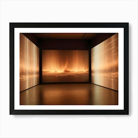 Abstract Digital Image Of A Room With A Large Screen Displaying A Golden Sunrise Over A Sea Like Landscape With A Vertical Pattern Art Print