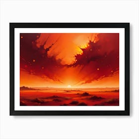 A Surreal Desert Landscape Under A Fiery Red Sky With Abstract Splashes Of Color, And A Small Setting Sun On The Horizon Art Print