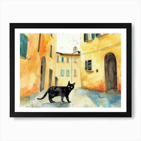 Black Cat In Pisa, Italy, Street Art Watercolour Painting 3 Art Print