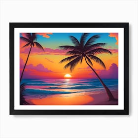 A Tranquil Beach At Sunset Horizontal Illustration 6 Art Print